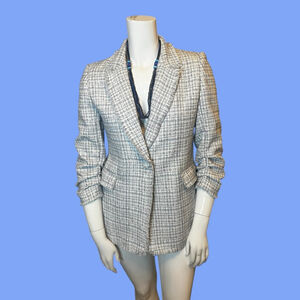 Maison d'Amélie Fringe-Trim Tweed Bouclé Blazer, Blue/Ivory, US 10